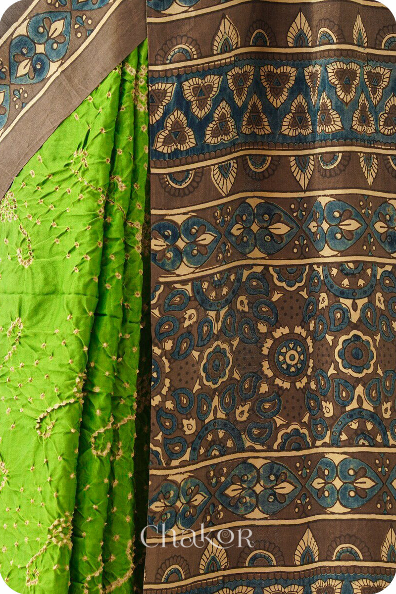 Parrot Green Taupe Bandhani Ajrakh Silk Saree