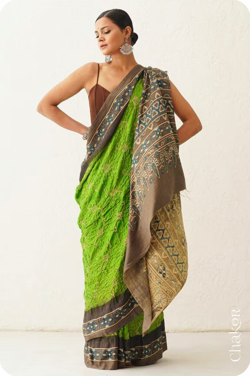 Parrot Green Taupe Bandhani Ajrakh Silk Saree