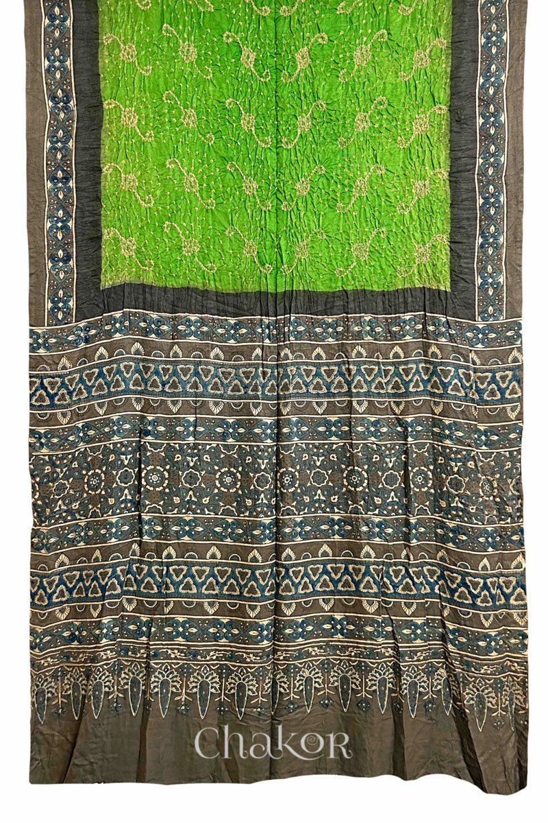 Parrot Green Taupe Bandhani Ajrakh Silk Saree