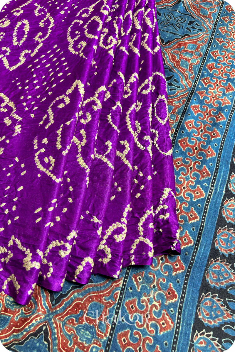 Purple Indigo Bandhani Ajrakh Silk Saree