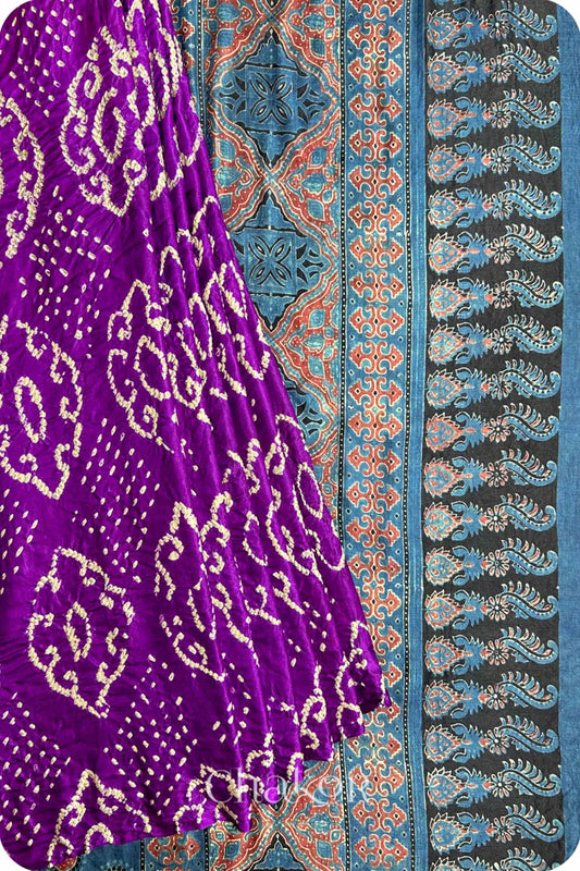 Purple Indigo Bandhani Ajrakh Silk Saree