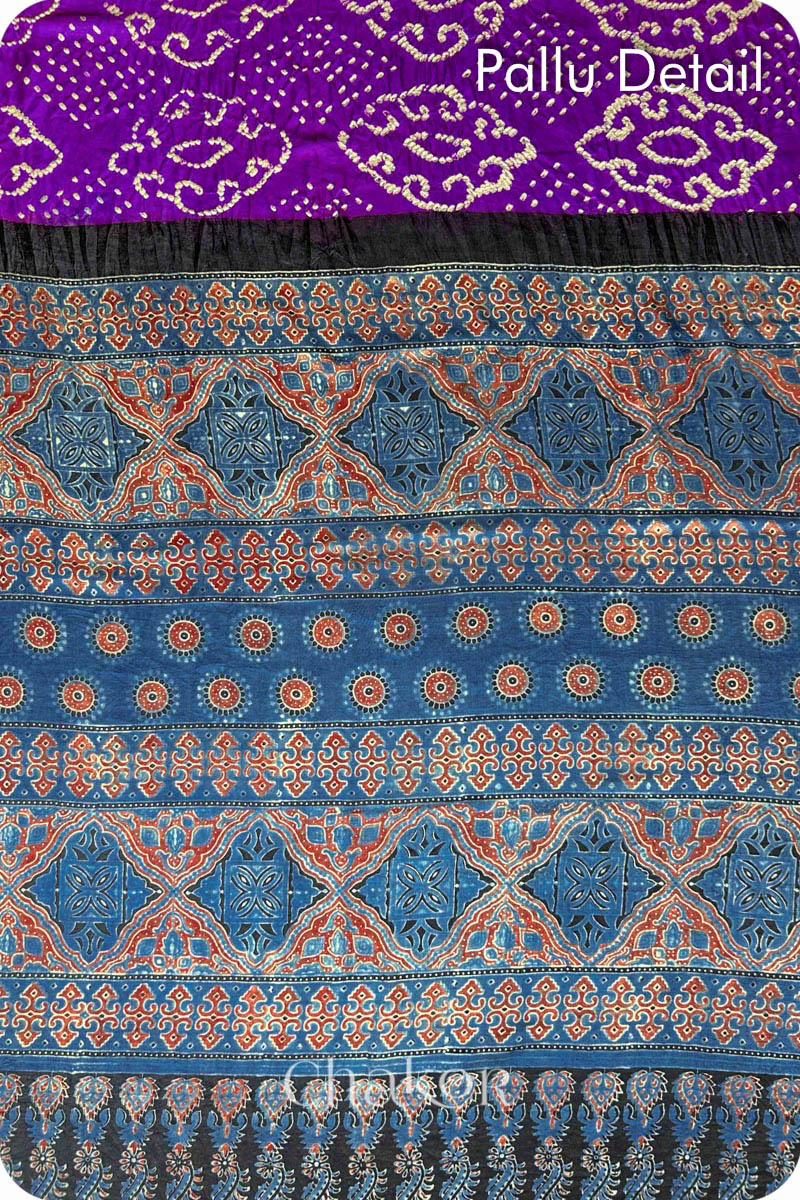 Purple Indigo Bandhani Ajrakh Silk Saree