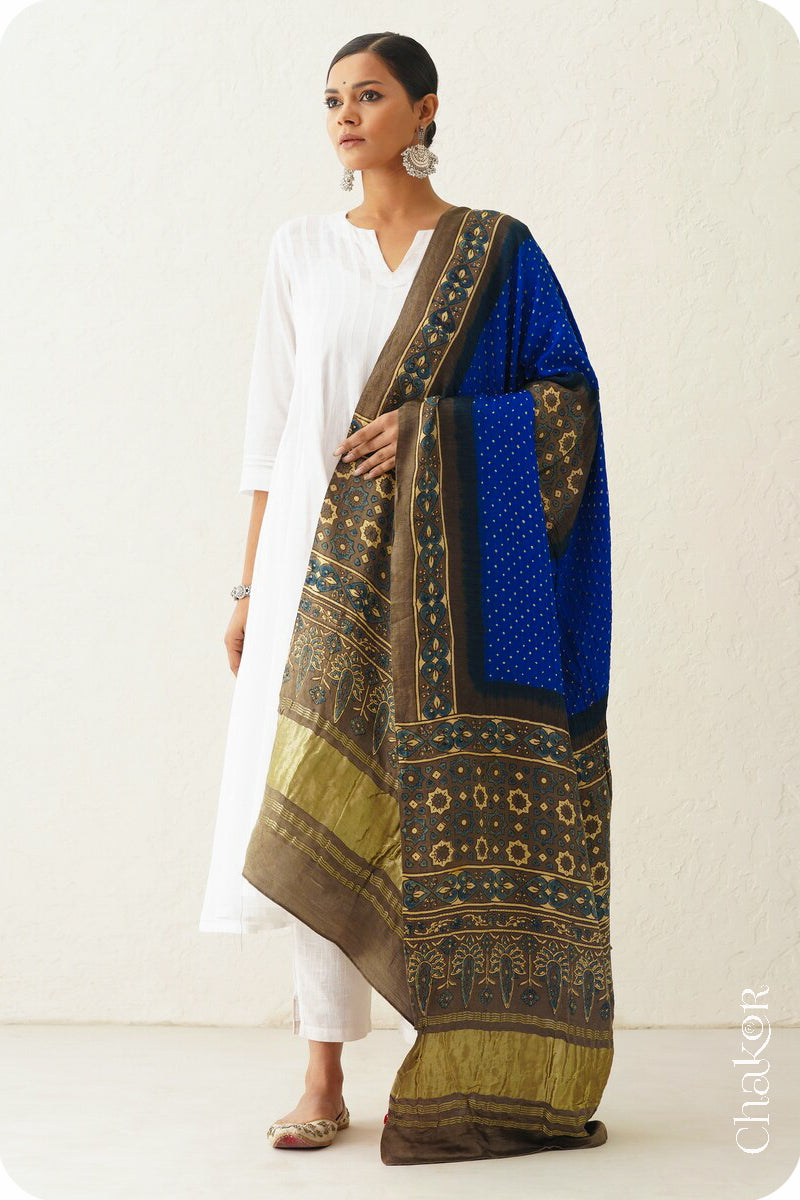 Blue Taupe Bandhani Ajrakh Gaji Silk Dupatta in Traditional Design for Women's ethnicwear online by Chakor.