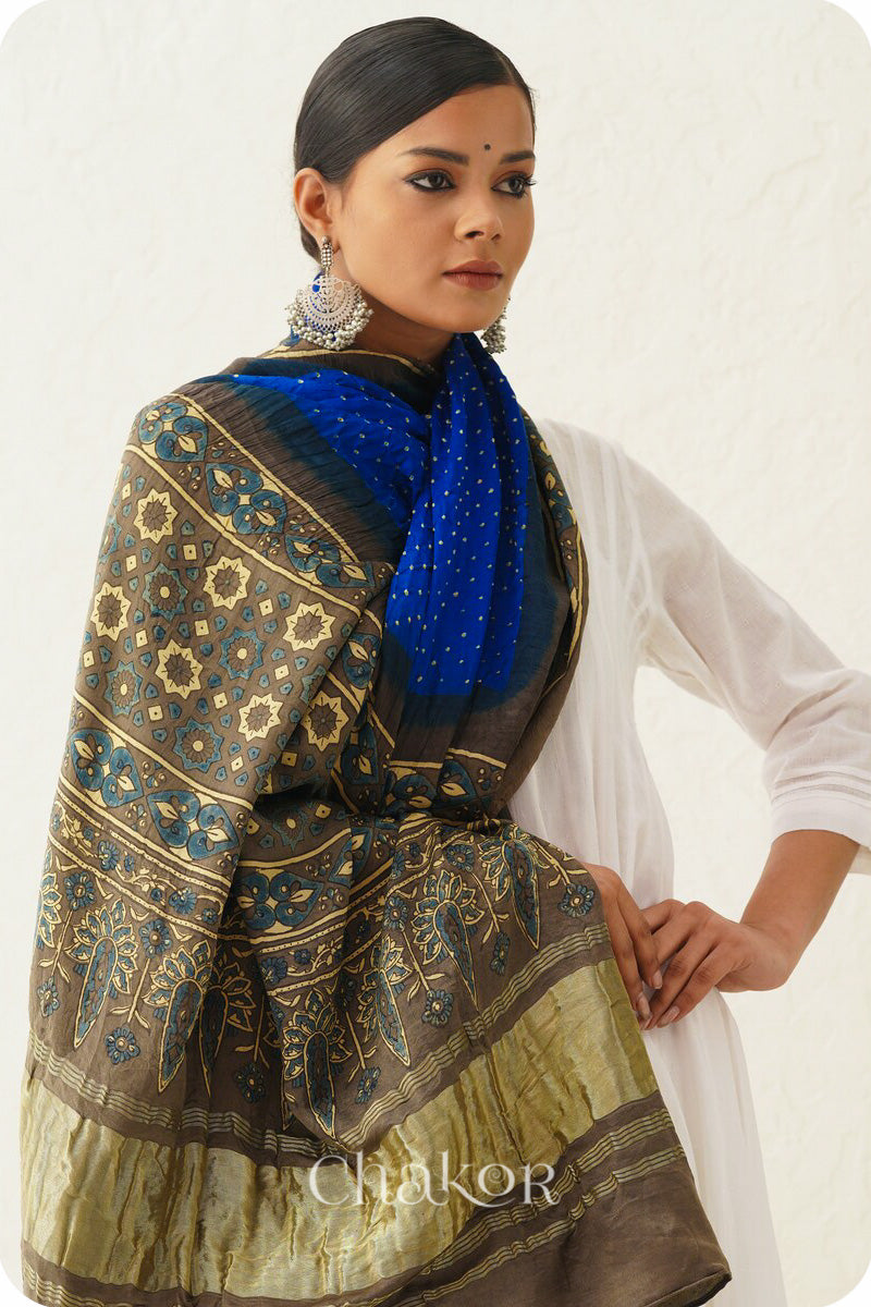 Blue Taupe Bandhani Ajrakh Gaji Silk Dupatta in Traditional Design for Women's ethnicwear online by Chakor.