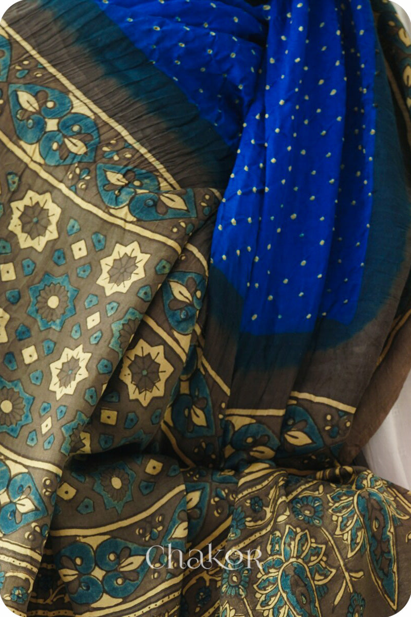 Blue Taupe Bandhani Ajrakh Gaji Silk Dupatta in Traditional Design for Women's ethnicwear online by Chakor.