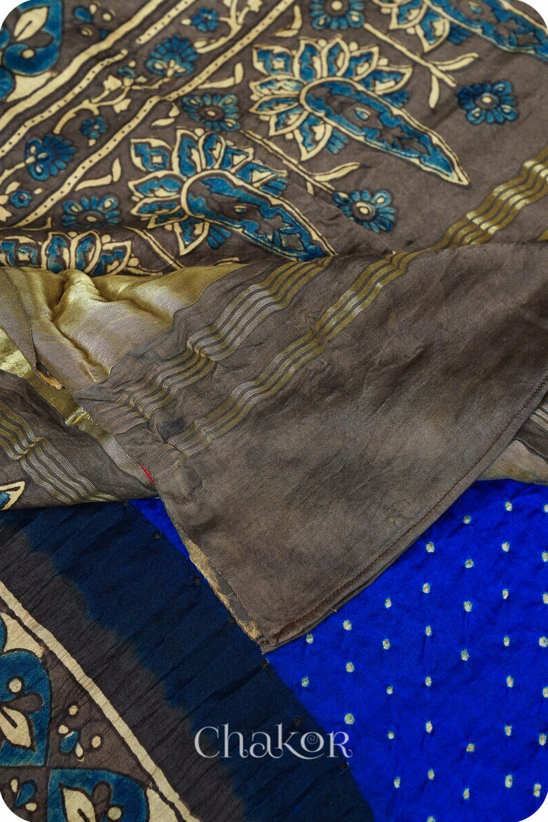 Blue Taupe Bandhani Ajrakh Gaji Silk Dupatta in Traditional Design for Women's ethnicwear online by Chakor.