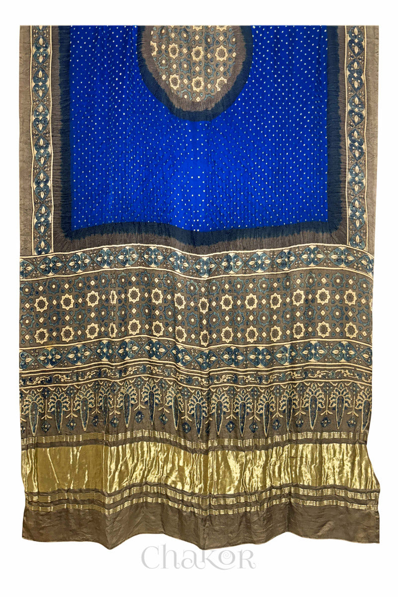 Blue Taupe Bandhani Ajrakh Gaji Silk Dupatta in Traditional Design for Women's ethnicwear online by Chakor.