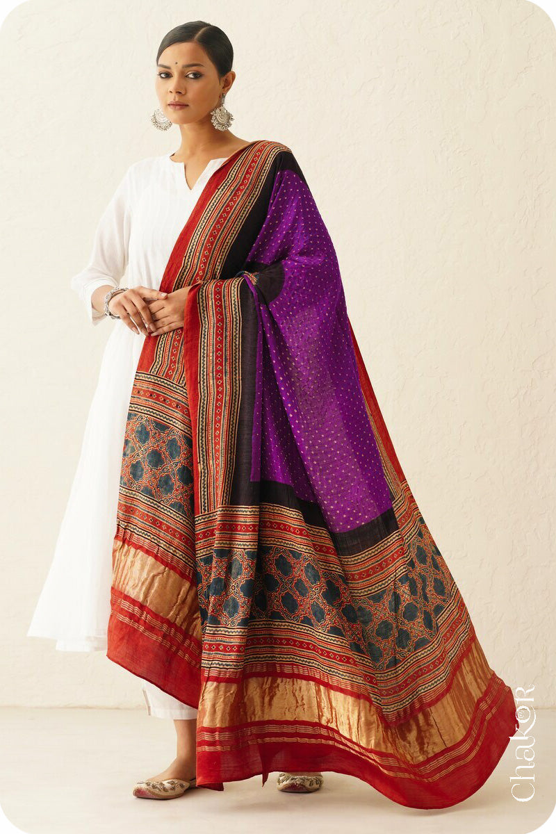 Purple Red Bandhani Ajrakh Gaji Silk Dupatta in Traditional Design for Women's ethnicwear online by Chakor.