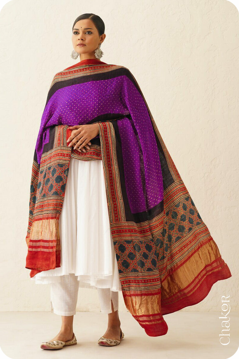 Purple Red Bandhani Ajrakh Gaji Silk Dupatta in Traditional Design for Women's ethnicwear online by Chakor.