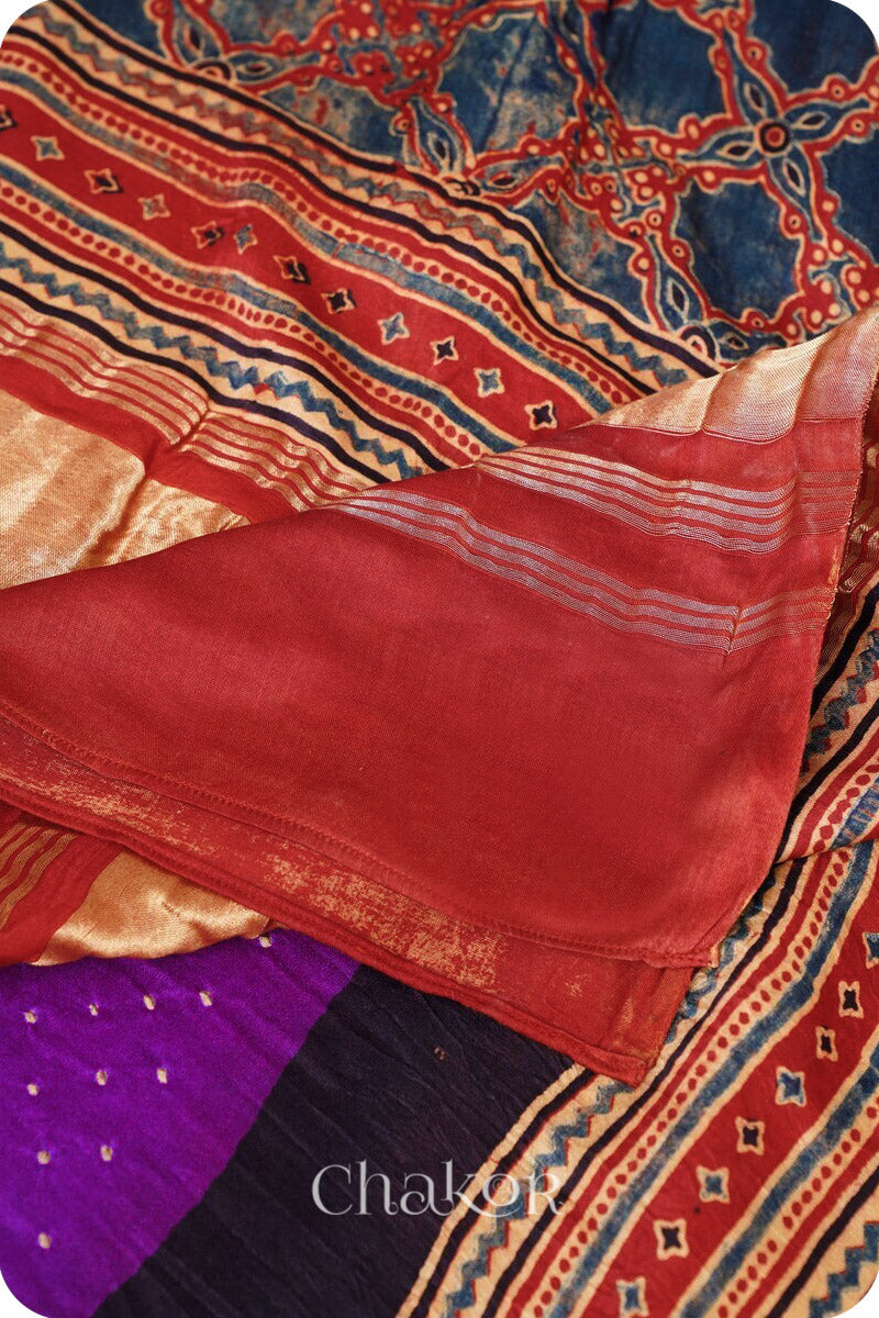 Purple Red Bandhani Ajrakh Gaji Silk Dupatta in Traditional Design for Women's ethnicwear online by Chakor.