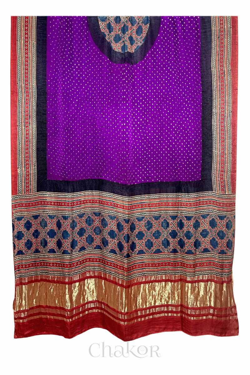 Purple Red Bandhani Ajrakh Gaji Silk Dupatta in Traditional Design for Women's ethnicwear online by Chakor.