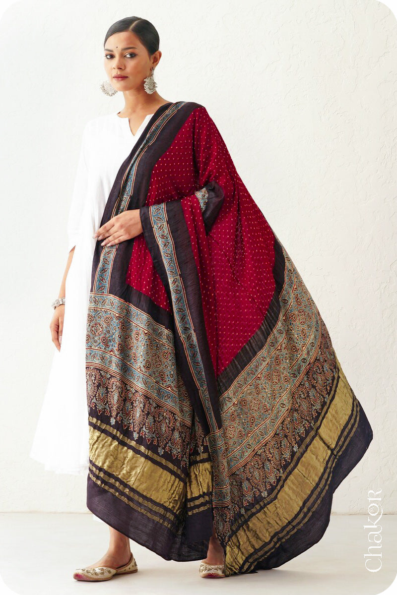 Maroon Black Bandhani Ajrakh Gaji Silk Dupatta in Traditional Design for Women's ethnicwear online by Chakor.