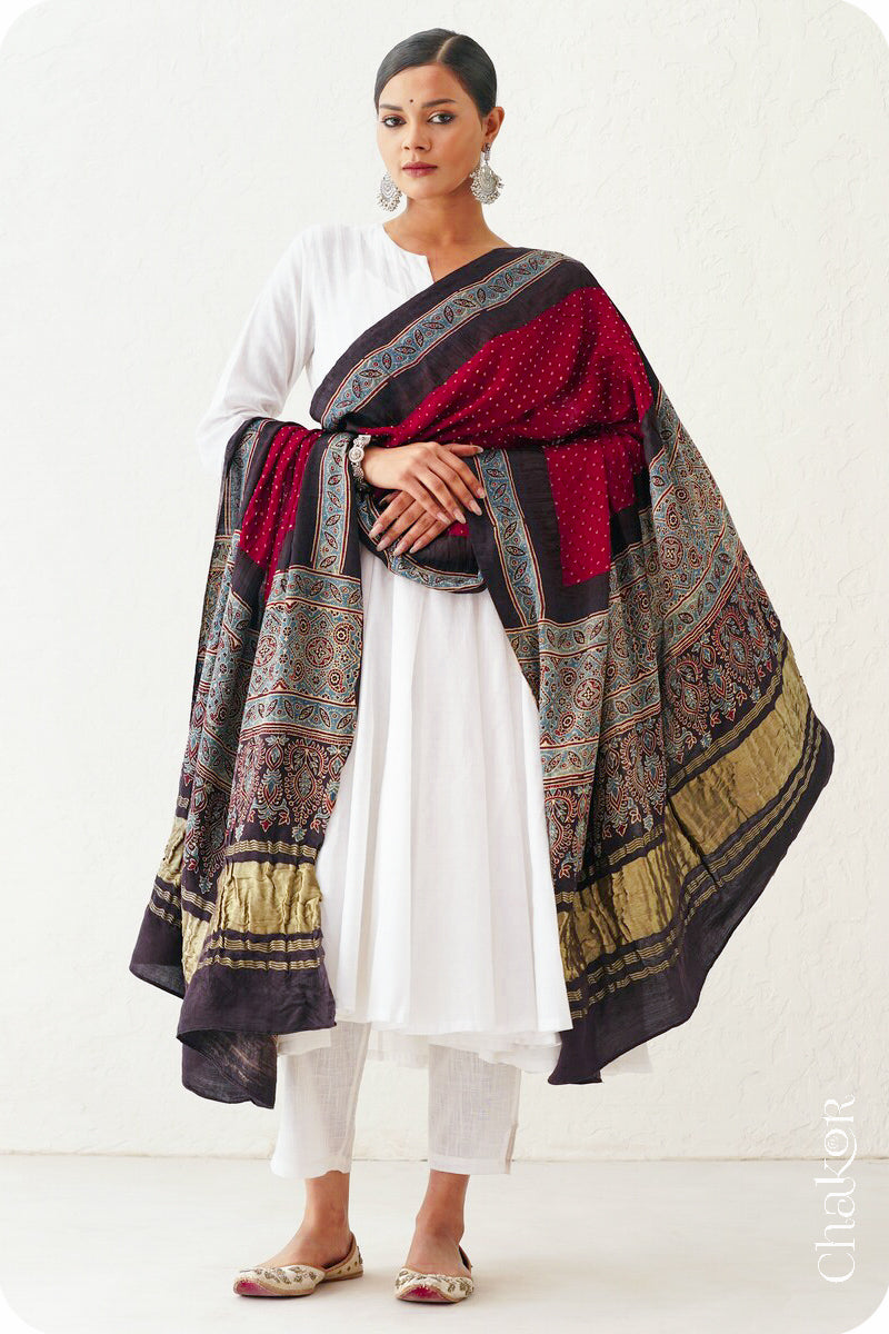 Maroon Black Bandhani Ajrakh Gaji Silk Dupatta in Traditional Design for Women's ethnicwear online by Chakor.