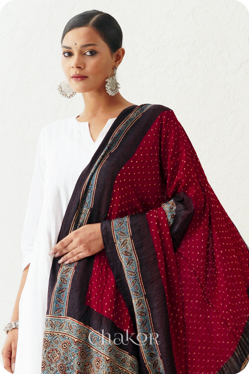 Maroon Black Bandhani Ajrakh Gaji Silk Dupatta in Traditional Design for Women's ethnicwear online by Chakor.