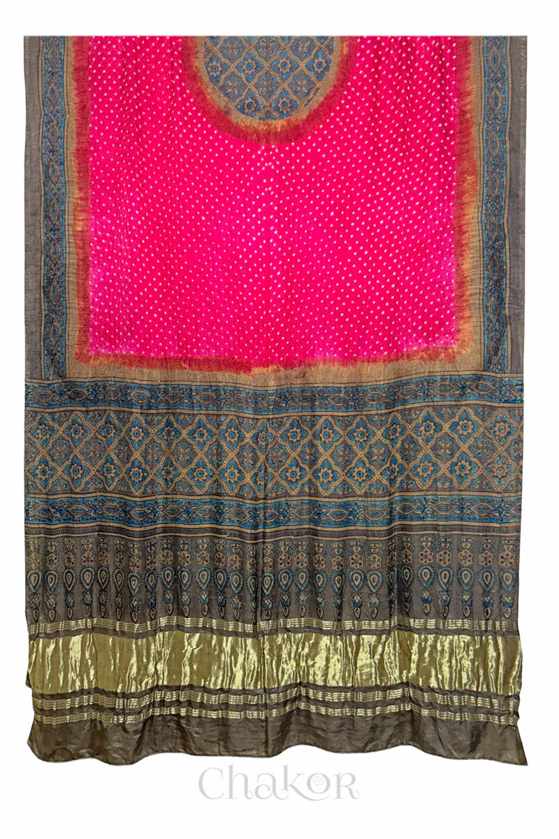 Coral Pink Ochre Bandhani Ajrakh Gaji Silk Dupatta in Traditional Design for Women's ethnicwear online by Chakor.