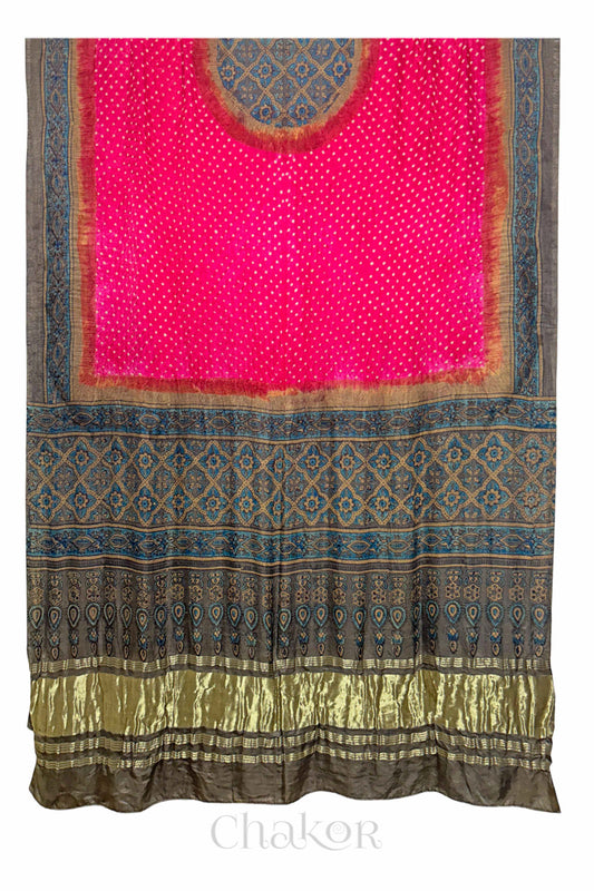 Coral Pink Ochre Bandhani Ajrakh Gaji Silk Dupatta in Traditional Design for Women's ethnicwear online by Chakor.