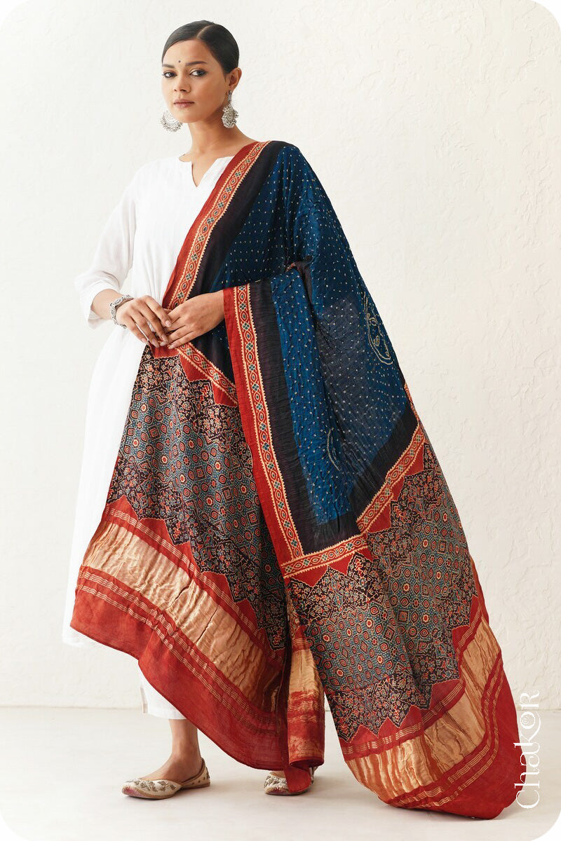 Navy Red Bandhani Ajrakh Gaji Silk Dupatta in Traditional Design for Women's ethnicwear online by Chakor.