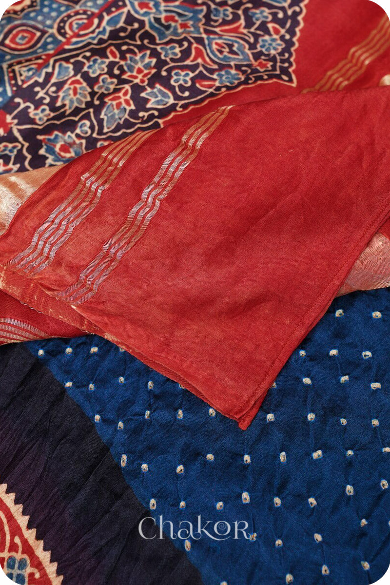 Navy Red Bandhani Ajrakh Gaji Silk Dupatta in Traditional Design for Women's ethnicwear online by Chakor.