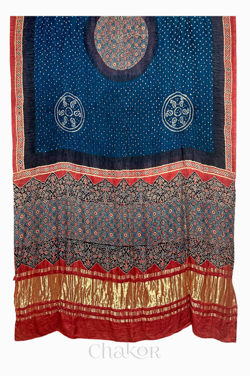 Navy Red Bandhani Ajrakh Gaji Silk Dupatta in Traditional Design for Women's ethnicwear online by Chakor.