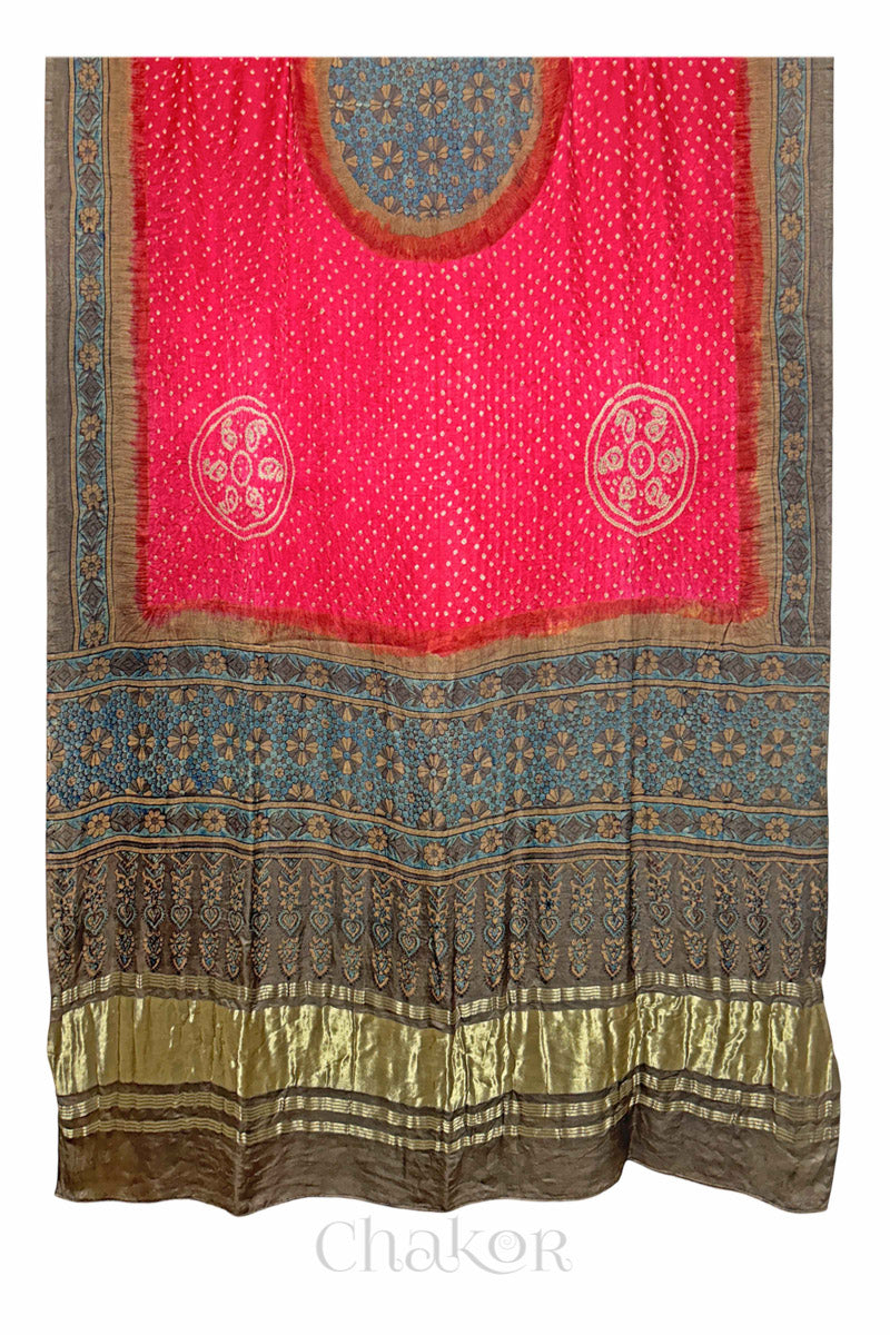 Coral Pink Ochre Bandhani Ajrakh Gaji Silk Dupatta in Traditional Design for Women's ethnicwear online by Chakor.