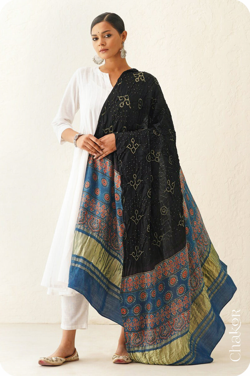 Black Indigo Bandhani Ajrakh Gaji Silk Dupatta in Traditional Design for Women's ethnicwear online by Chakor.