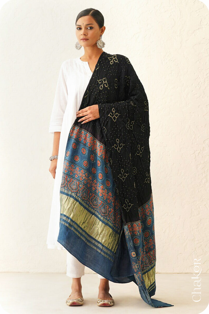 Black Indigo Bandhani Ajrakh Gaji Silk Dupatta in Traditional Design for Women's ethnicwear online by Chakor.