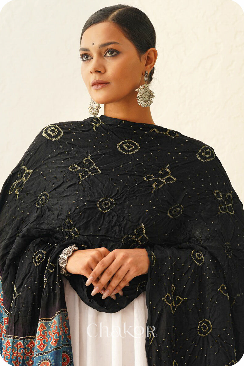 Black Indigo Bandhani Ajrakh Gaji Silk Dupatta in Traditional Design for Women's ethnicwear online by Chakor.