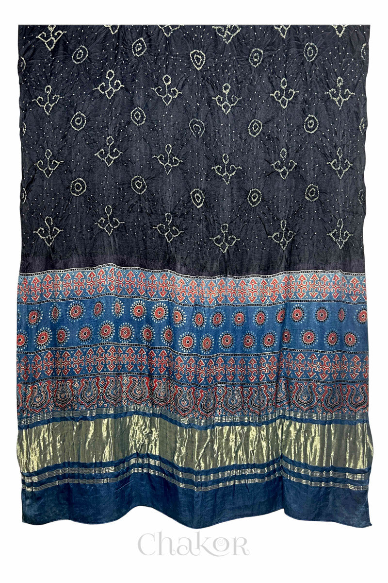 Black Indigo Bandhani Ajrakh Gaji Silk Dupatta in Traditional Design for Women's ethnicwear online by Chakor.