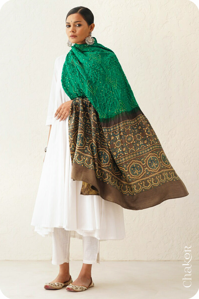 Green Taupe Bandhani Ajrakh Gaji Silk Dupatta in Traditional Design for Women's ethnicwear online by Chakor.