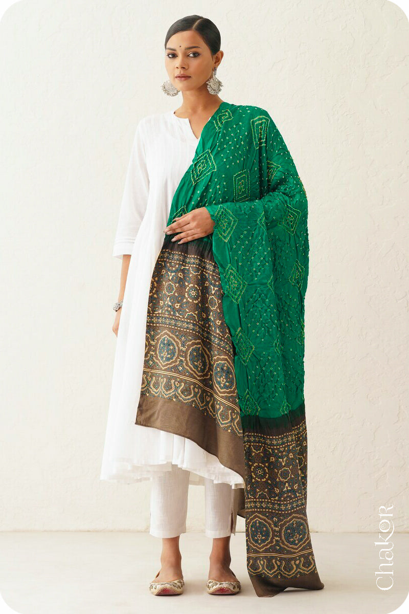 Green Taupe Bandhani Ajrakh Gaji Silk Dupatta in Traditional Design for Women's ethnicwear online by Chakor.