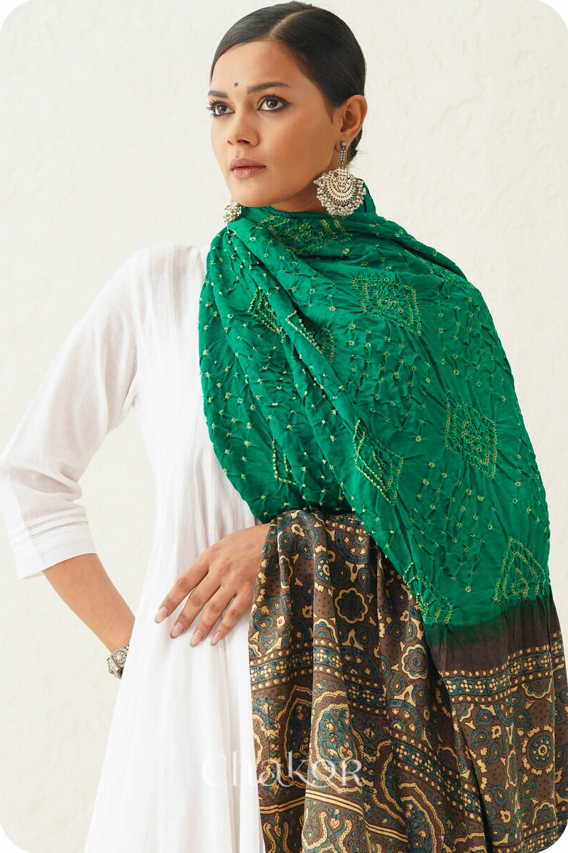 Green Taupe Bandhani Ajrakh Gaji Silk Dupatta in Traditional Design for Women's ethnicwear online by Chakor.