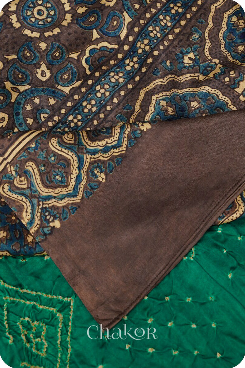 Green Taupe Bandhani Ajrakh Gaji Silk Dupatta in Traditional Design for Women's ethnicwear online by Chakor.