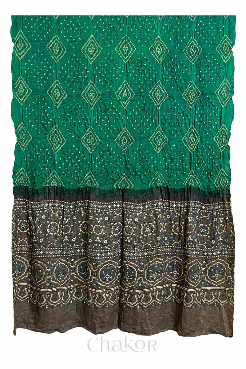 Green Taupe Bandhani Ajrakh Gaji Silk Dupatta in Traditional Design for Women's ethnicwear online by Chakor.