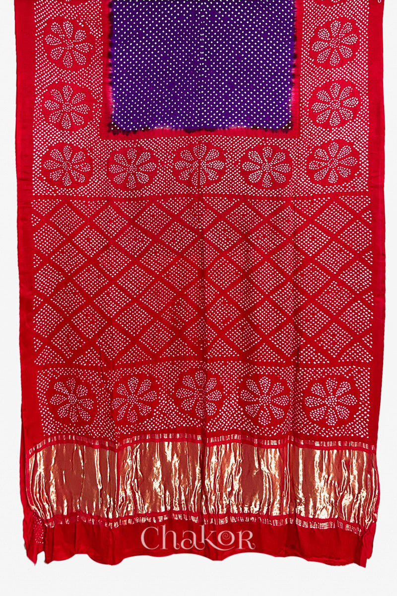 Chakor Purple Red Traditional Bandhani Gaji Silk Saree.