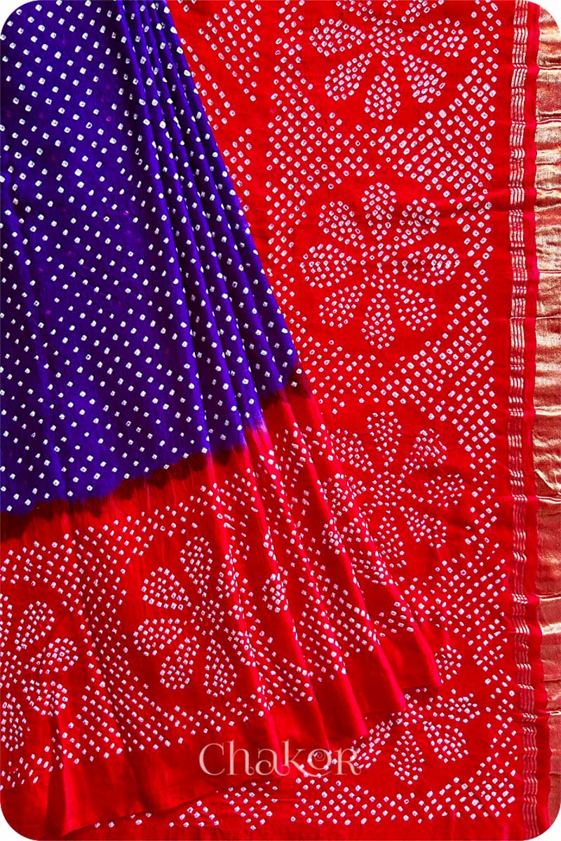 Chakor Purple Red Traditional Bandhani Gaji Silk Saree.