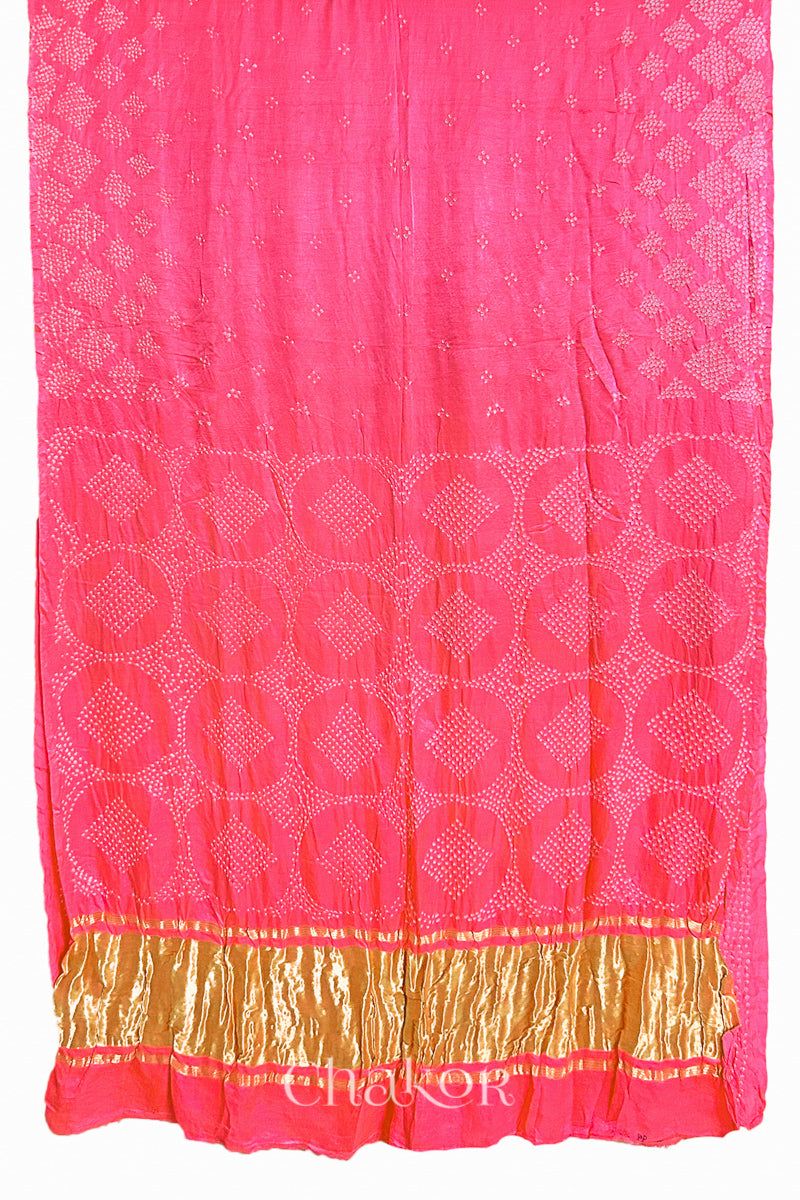 Chakor's Coral Pink Traditional Bandhani Gaji Silk Saree.