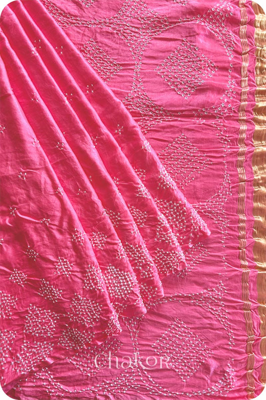 Chakor's Coral Pink Traditional Bandhani Gaji Silk  Saree.