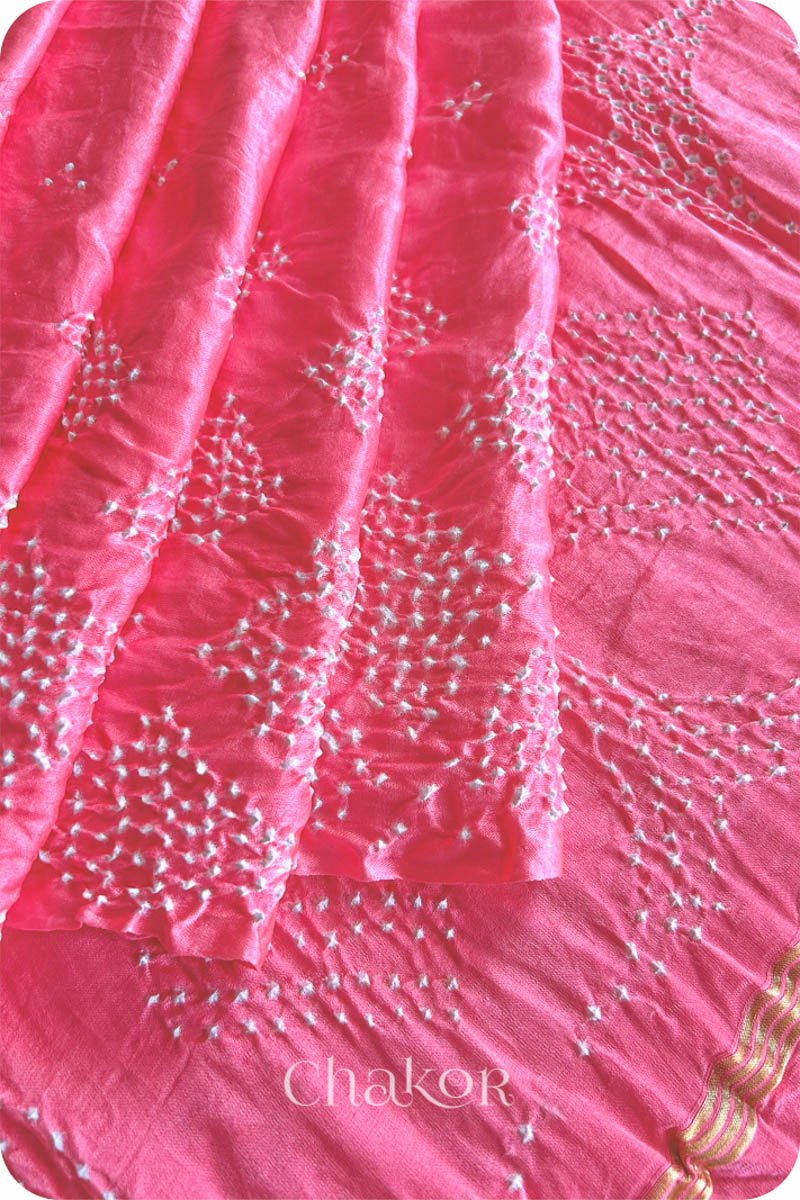 Chakor's Coral Pink Traditional Bandhani Gaji Silk  Saree.