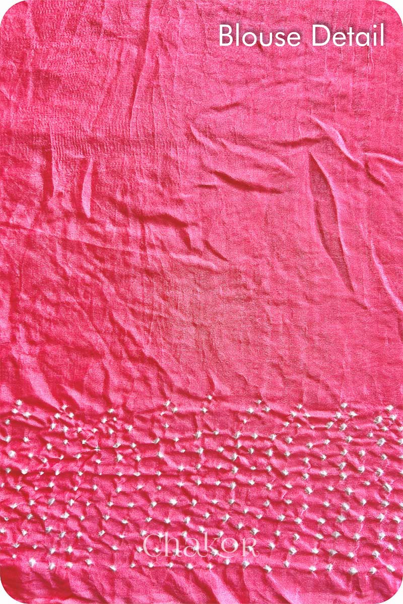 Chakor's Coral Pink Traditional Bandhani Gaji Silk  Saree Unstitched Blouse Detail.
