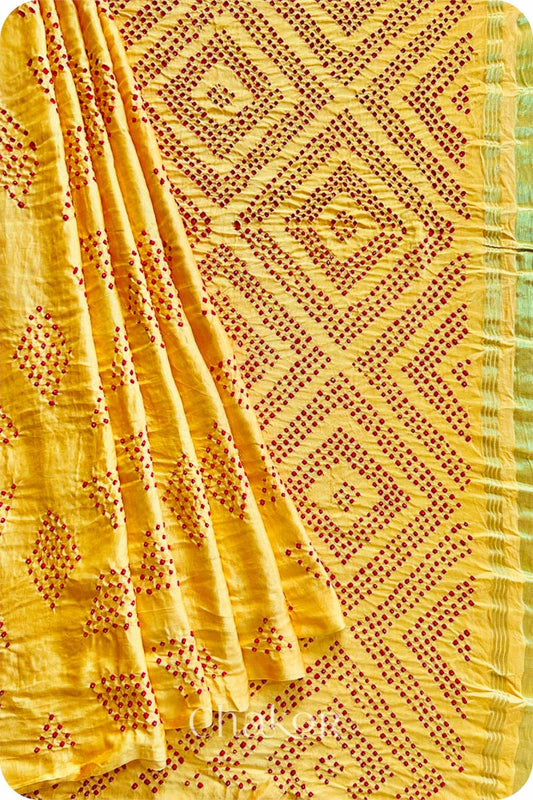 Chakor Yellow Red Traditional Bandhani Gaji Silk  Saree.