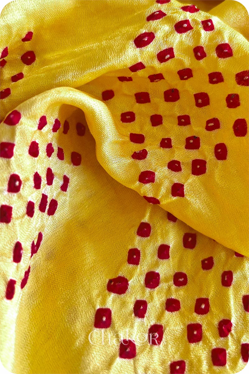 Chakor Yellow Red Traditional Bandhani Gaji Silk  Saree.
