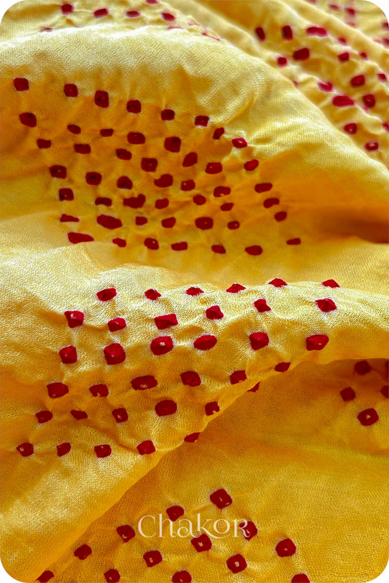 Chakor Yellow Red Traditional Bandhani Gaji Silk  Saree.