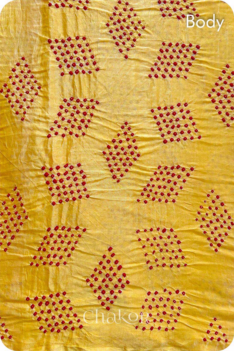 Chakor Yellow Red Traditional Bandhani Gaji Silk  Saree body detail