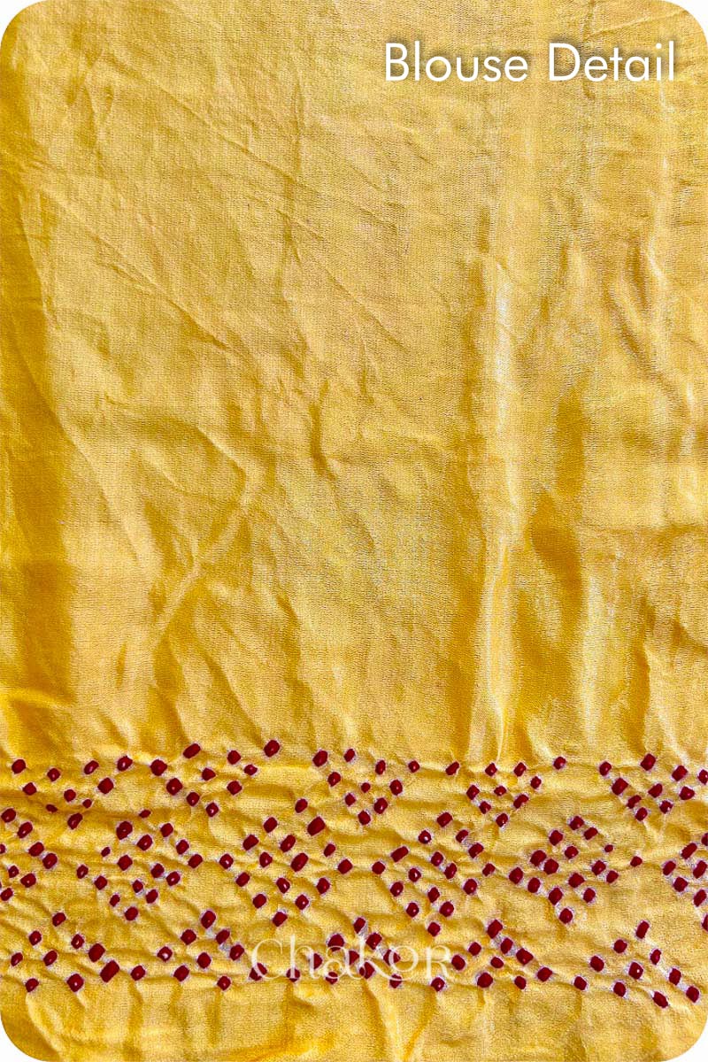 Chakor Yellow Red Traditional Bandhani Gaji Silk  Saree  Unstitched Blouse Detail