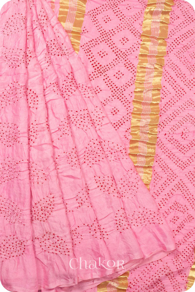 Chakor Light Pink Red Bandhani Gaji Silk Saree.