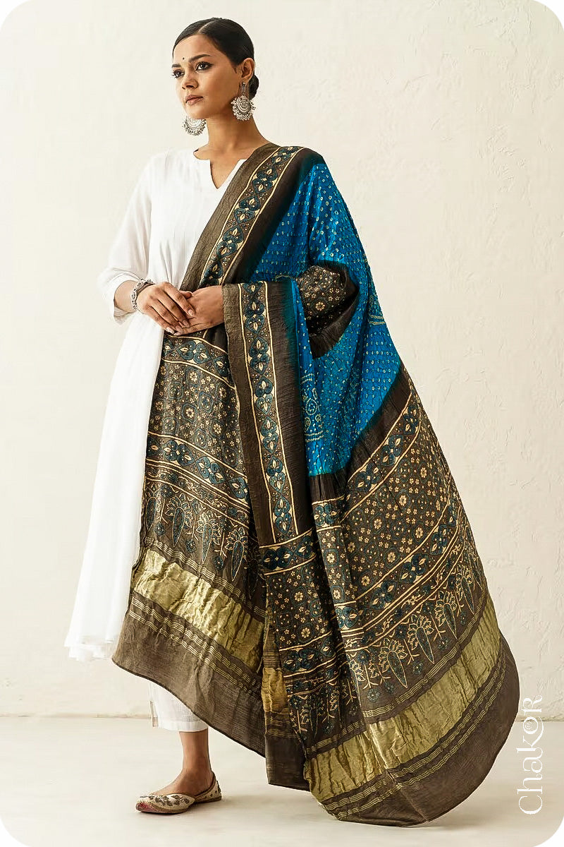 Peacock Taupe Bandhani Ajrakh Gaji Silk Dupatta in Traditional Design for Women's ethnicwear online by Chakor.