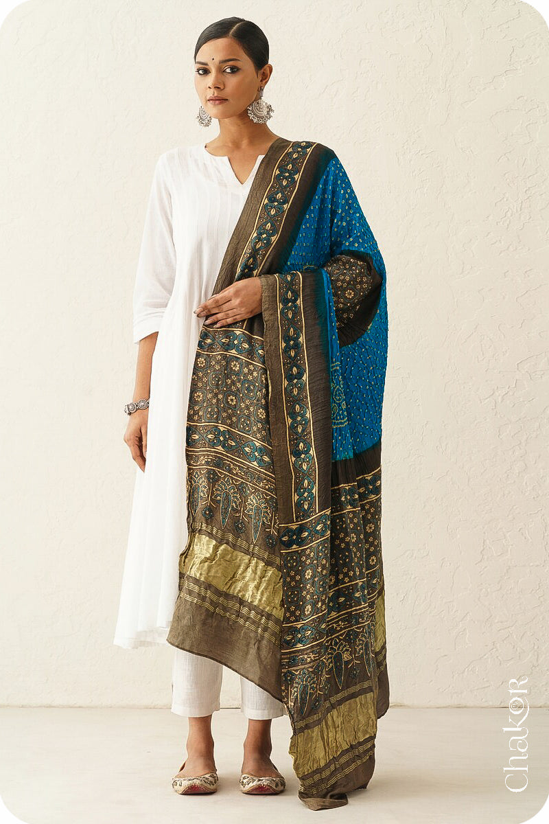 Peacock Taupe Bandhani Ajrakh Gaji Silk Dupatta in Traditional Design for Women's ethnicwear online by Chakor.