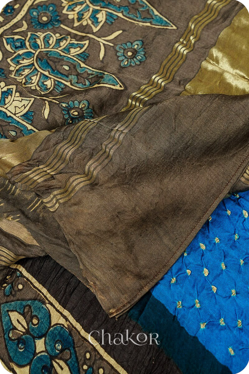 Peacock Taupe Bandhani Ajrakh Gaji Silk Dupatta in Traditional Design for Women's ethnicwear online by Chakor.