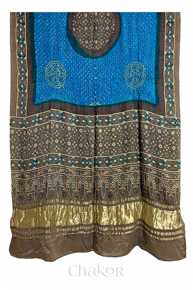 Peacock Taupe Bandhani Ajrakh Gaji Silk Dupatta in Traditional Design for Women's ethnicwear online by Chakor.