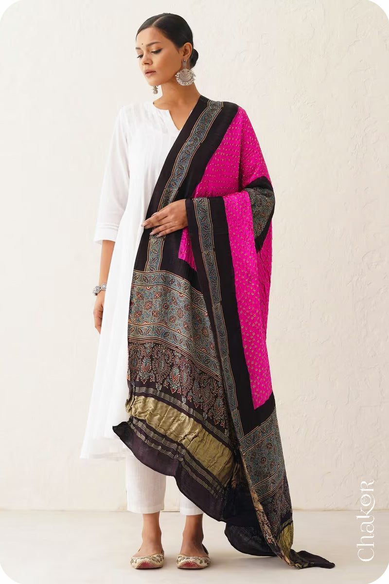 Pink Black Bandhani Ajrakh Gaji Silk Dupatta in Traditional Design for Women's ethnicwear online by Chakor.